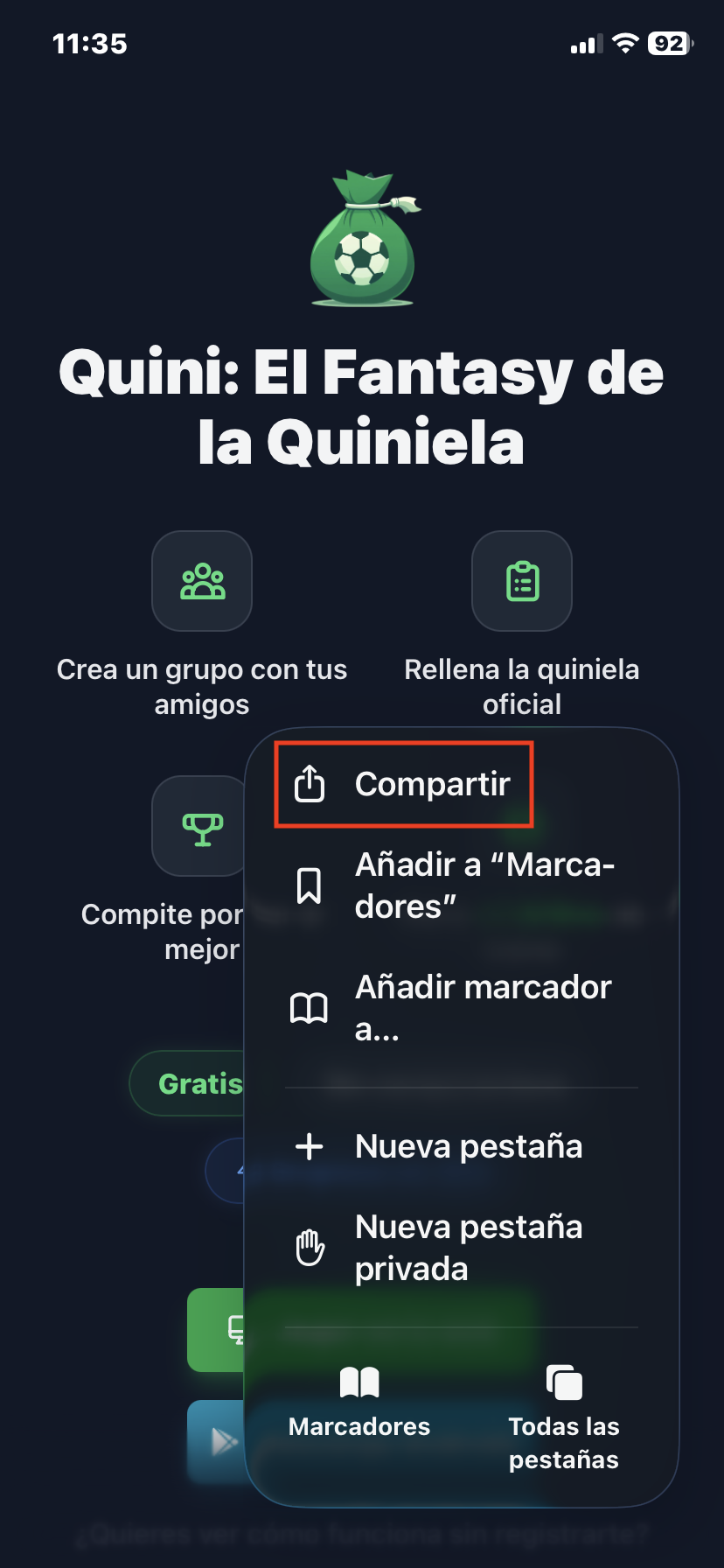 Botón de compartir en Safari iOS - Paso 2
